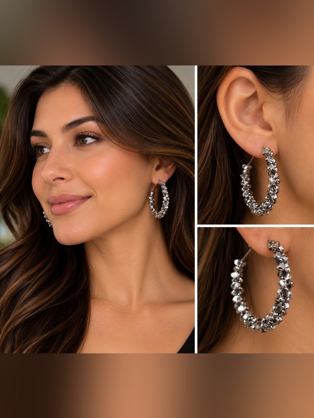 Silver Beaded Hoop Earrings - Women Jewelry